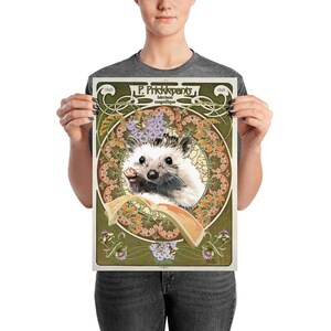 May include: A vintage-style poster featuring a hedgehog reading a book. The poster has a green background with floral designs and the text "P. Prickleparts, herisson magnifique".