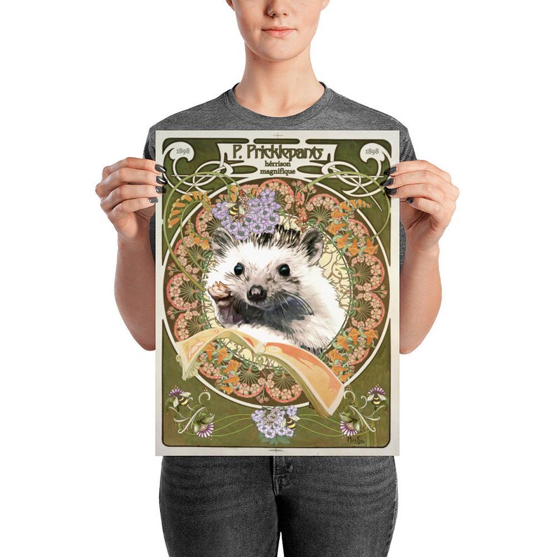 May include: A vintage-style poster featuring a hedgehog reading a book. The poster has a green background with floral designs and the text "P. Prickleparts, herisson magnifique".