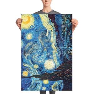 May include: A painting of a starry night sky with a large yellow moon and a swirling blue and yellow sky. The painting is in the style of Vincent van Gogh.