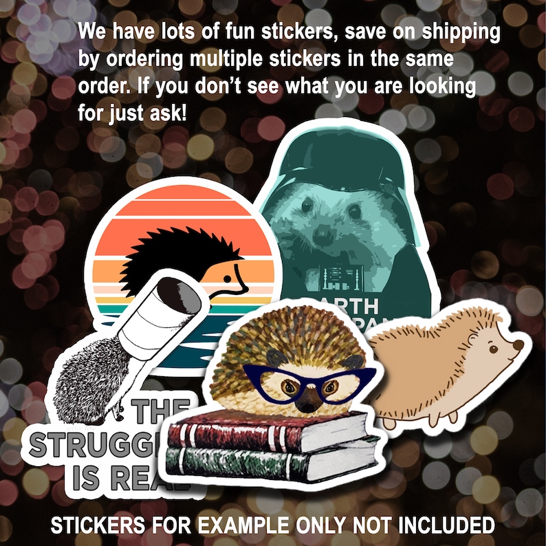 May include: A collection of stickers featuring various designs of hedgehogs. The stickers include a hedgehog wearing glasses, a hedgehog in a retro sunset scene, a hedgehog wearing a Darth Vader helmet, and a hedgehog with a book stack. The text "The struggle is real" is also included on one of the stickers. The text "Stickers for example only not included" is at the bottom of the image.
