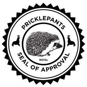 May include: Black and white illustration of a seal with a crown on its head, a hedgehog, and another seal with a crown on its head. The text "Pricklepants Seal of Royal Approval" is written around the image.