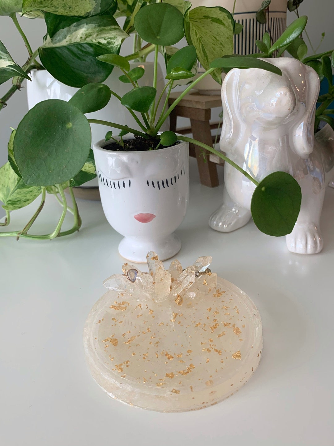 White and Gold Resin Jewelry Tray With Crystals Etsy