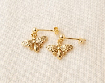 Enchanting Gold Honeybee Earrings - Detailed Charm Dangles, Nature-Inspired, Elegant Accessory, Light-Catching Design