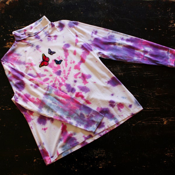 Pink and Purple Tie Dye Butterfly Long Sleeve Turtleneck Shirt 2XL