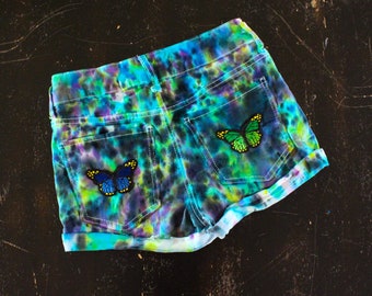 Bleu, Noir & Vert Tie Dye Butterfly Shorts XS