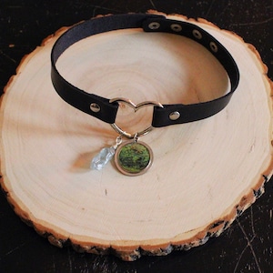 Black Faux Leather Choker With Celestine Crystal & Pendant Charm