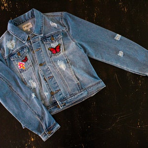Pink & Gelb Handbemalte Pilz JeansJacke XL