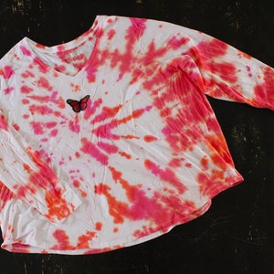 Orange & Pink Tie Dye Butterfly Long Sleeve Shirt Plus Size 4XL
