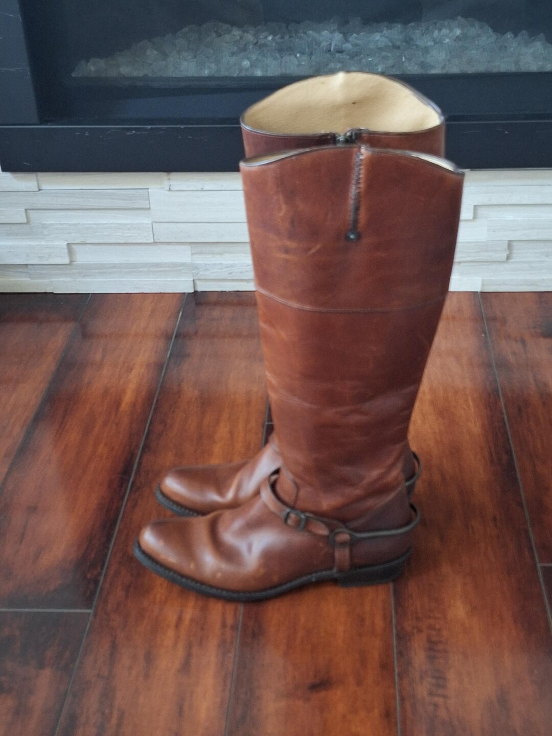 Frye Vintage Brown Leather Knee High Boots Side Zip Brass Harness Small ...