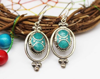 Tibet, Nepal, Turquoise Earrings, Jewelry , Coral, Lapis, Vintage Earrings, Tibetan Silver