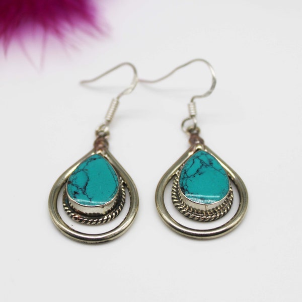 Tibet, Nepal, Turquoise Earrings, Jewelry , Coral, Lapis, Vintage Earrings, Tibetan Silver