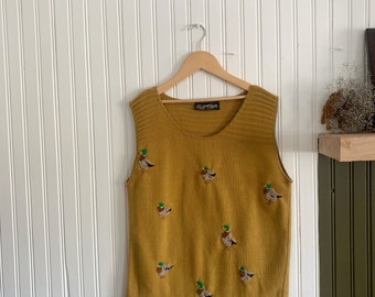 Mallard duck embroidered knit Womens vest, upcycled