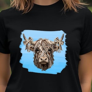 Highland Cow PNG Sublimation Design | Blue Brush Stroke, Leopard Print, Bows (Digital Download)
