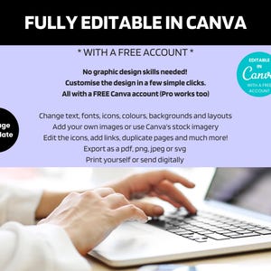 May include: Image of a laptop with text that reads "FULLY EDITABLE IN CANVA". The text also says "WITH A FREE ACCOUNT" and "80 Page Template". The image shows a person's hands typing on the laptop.