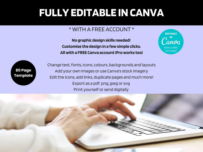 May include: Image of a laptop with text that reads "FULLY EDITABLE IN CANVA". The text also says "WITH A FREE ACCOUNT" and "80 Page Template". The image shows a person's hands typing on the laptop.