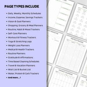 May include: A collection of printable planner pages with various layouts. The pages include trackers for daily, weekly, and monthly schedules, as well as income, expense, and savings. Other pages include workout, fitness, and weight loss trackers. The text "PAGE TYPES INCLUDE" is at the top.