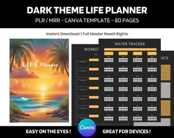 Dark Theme Life Planner Canva Template, PLR MRR Efficiency & Organization Bundle (Digital Download)