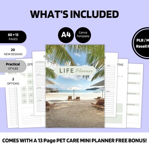 May include: A digital Life Planner with a beach scene cover, surrounded by pages with practical styles and 20 new designs. Includes a 13-page pet care mini planner bonus. The planner is A4 size and Canva template compatible.