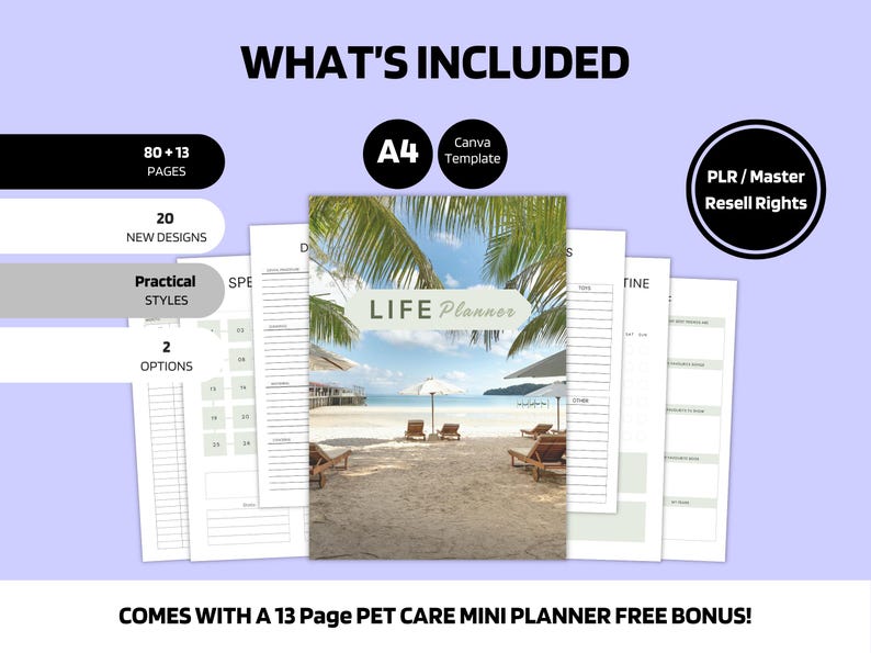 May include: A digital Life Planner with a beach scene cover, surrounded by pages with practical styles and 20 new designs. Includes a 13-page pet care mini planner bonus. The planner is A4 size and Canva template compatible.