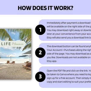 May include: A digital Life Planner with a beach scene cover. The image shows a sandy beach with lounge chairs, umbrellas, and palm trees. Text on the image explains how to download and edit the planner after purchase.