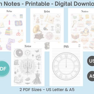 May include: Five digital note pages with horizontal lines and the header Notes. Designs include school supplies, vintage items, books, gothic motifs, and a large clock face. Text includes Fun Notes - Printable - Digital Download, US, A5, and 2 PDF Sizes - US Letter & A5.