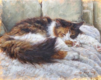 Sleeping Calico Cat Art Print, Cozy Cat Wall Decor, Calico Kitty Artwork, Cat Lover Gift, Cute Feline Home Decor,  Fine Art Print