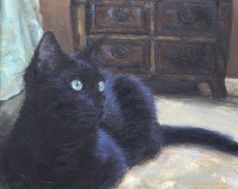 Black Cat Staring Oil Painting Art Print, Rustic Cat Portrait, HJTFineArt