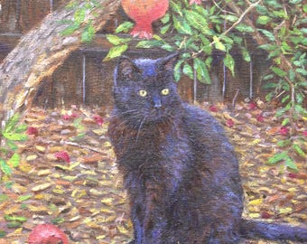 Black Cat Oil Painting Print, Under Tree Art