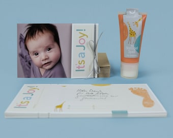 Do-it-Yourself Photo Birth announcement "It's a Joy!" including organic Baby Footprint stamping ink