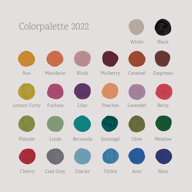 May include: Color palette chart with 22 color swatches, labeled with names like Sun, Mandarin, Blush, Mulberry, Caramel, Espresso, Lemon Curry, Fuchsia, Lilac, Peaches, Lavendel, Berry, Pistazie, Linde, Bermuda, Smaragd, Olive, Meadow, Cherry, Cool Grey, Glacier, T&uuml;rkis, Azur, and Navy.