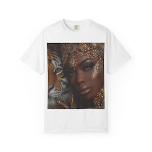 Golden Goddess Portrait T-Shirt | Tiger Face Art, Script Scripture Back