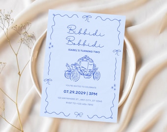 Bibbidi Bobbidi Two Cinderella Birthday Invitation Editable Princess Party Digital Blue Fairytale Simple Invite Royal Carriage 2nd Birthday
