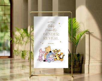 What Will Our Little Hunny Be Gender Reveal Winnie Baby Welcome Sign Editable Digital Download Winnie and Friends Neutral Simple Entrance