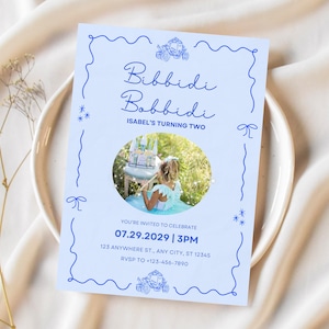 Bibbidi Bobbidi Two Cinderella Birthday Invitation Editable Princess Party Digital Blue Fairytale Simple Invite Royal Carriage 2nd Birthday