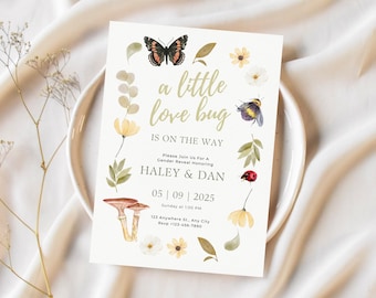 A Little Love Bug Is On The Way Gender Reveal Invite Template Editable Little Love Bug Invitation Garden Spring Gender Neutral Baby Party