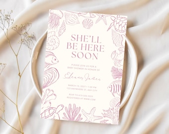 She'll Be Here Soon Baby Shower Invitation Template Seashell Pearl Pink Baby Shower Invite Download Editable Coastal Beach Baby Shower
