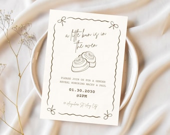 A Little Bun Is In The Oven Gender Reveal Template Invitation Editable Gender Reveal Neutral Invite Digital Hand Drawn Bakery Bun Invitation
