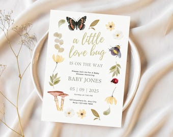 A Little Love Bug Is On The Way Baby Shower Invitation Editable Little Love Bug Invite Garden Spring Neutral Baby Shower Digital Template