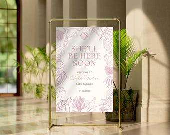 She'll Be Here Soon Baby Shower Welcome Sign Template Seashell Pearl Pink Baby Shower Sign Download Editable Coastal Beach Entrance Signage
