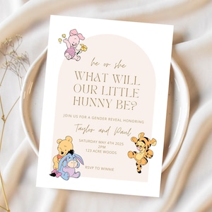 What Will Our Little Hunny Be Gender Reveal Invitation Digital Gender Reveal Invite Editable Neutral Winnie and Friends Invitation Boy Girl
