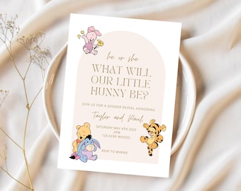 What Will Our Little Hunny Be Gender Reveal Invitation Digital Gender Reveal Invite Editable Neutral Winnie and Friends Invitation Boy Girl