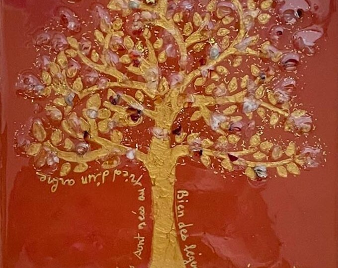Tree painting inlaid with natural cormaline stones
