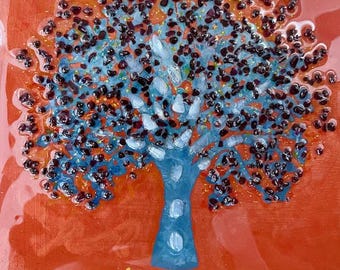 Tree painting with crystals. On wood 20cmX20cm, inlaid with natural garnet and blue chalcedony stones.