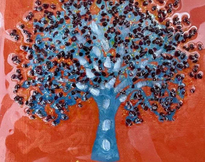 Tree painting with crystals. On wood 20cmX20cm, inlaid with natural garnet and blue chalcedony stones.