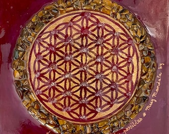 Tableau fleur de vie avec pierres naturelles citrine et oeil de tigre