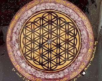 Tableau mandala pierres naturelles demi-précieuses, géométrie sacrée fleur de vie