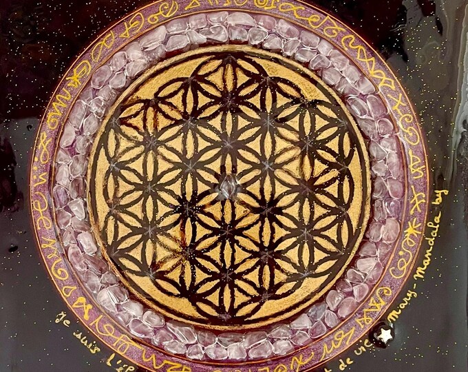 Tableau mandala pierres naturelles demi-précieuses, géométrie sacrée fleur de vie