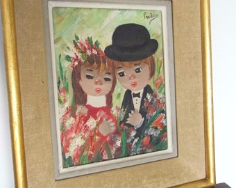 Oil on canvas. Vintage. Framed and signed. Fulda. couple of little lovers. 1950. Kitsch Art. Naïve art. Interior decoration. In love