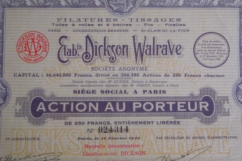 Azione a chi lo indossa. Dickson Walrave. Scripotilfa. Vecchie azioni e titoli. Collezione. Decorazione d'interni. Dai tempi della crisi del 1929. immagine 5