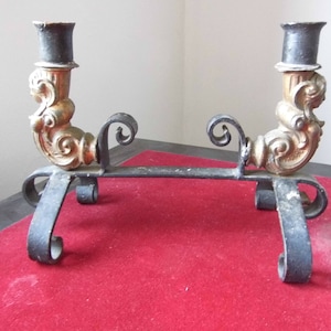 Candlestick. Two arms of light. Forged iron. Regulates. Set designer. Two sirens. Renaissance. 19th century. Vintage decoration. Antique. Flea
